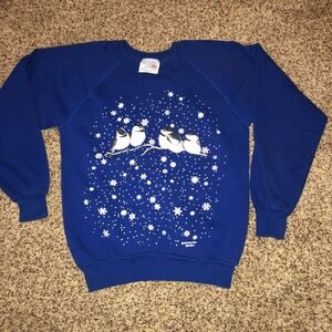 VTG Morning Sun Women's Blue Sweatshirt Pullover Birds Snowflakes Medium Granny
